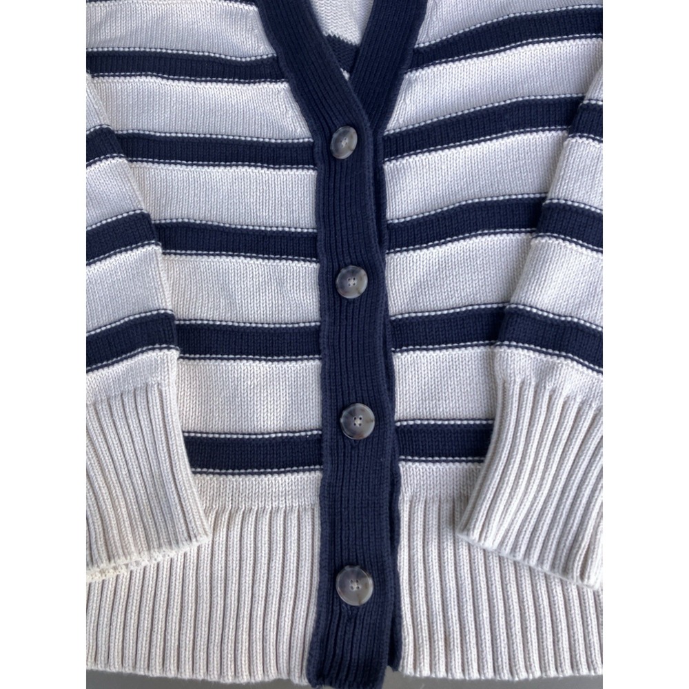 Madewell Striped‎ V-Neck Cardigan Sweater S Cream Blue Nautical Fisherman SP25 - Picture 4 of 8